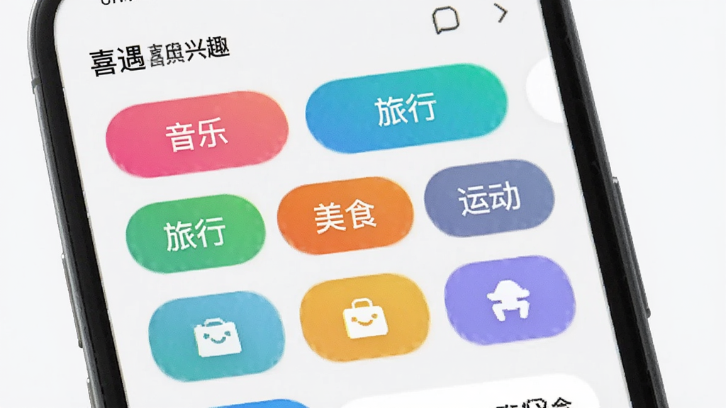 喜遇应用内兴趣标签选择界面,手机屏幕居中展示,屏幕中排列着音乐、旅行、美食、运动等彩色标签按钮,背景为浅色极简风格,画面干净整洁,画质清晰,无多余装饰元素