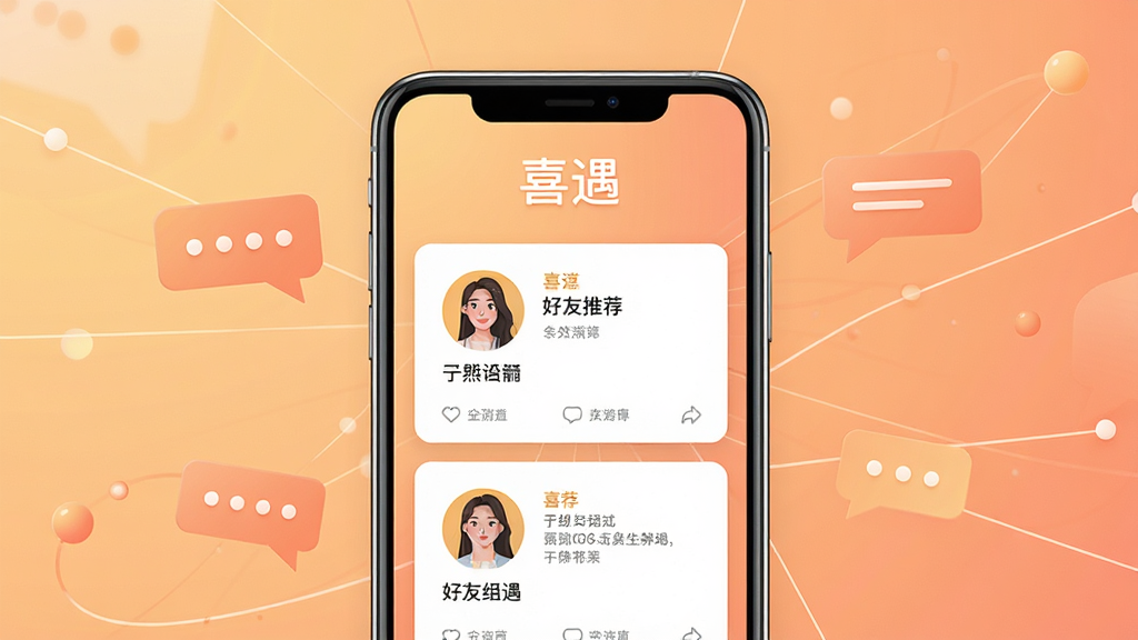 一款名为喜遇的安卓社交应用界面展示,画面中央是手机屏幕正视图,屏幕内呈现简洁的卡片式好友推荐布局,顶部有喜遇文字标识,背景为柔和的暖色调渐变,周围点缀抽象的聊天气泡与连接线条,风格现代清爽,细节清晰,画质干净无多余元素