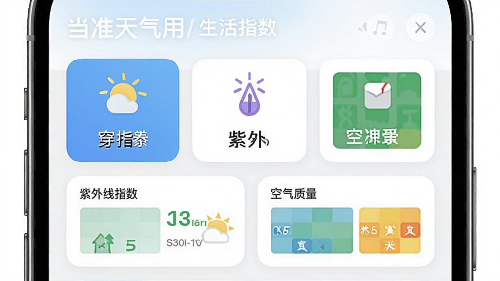 画面主体为当准天气应用的生活指数页面,布局采用网格排列,风格为清新卡片式设计,细节包括穿衣指数图标、紫外线指数图标和空气质量色块,画质清晰,干净,无多余元素