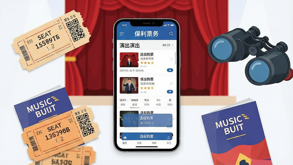 一张展示保利票务手机应用界面的场景图,画面中央是一部竖屏智能手机,屏幕内显示演出列表与选座购票页面,周围散落着话剧票根、音乐剧节目册和一副望远镜,整体布局为居中构图,排版简洁明快,风格为现代扁平化插画,细节包括票面上的座位号和二维码、手机顶部的剧院LOGO、背景中若隐若现的剧院红色幕布,画质清晰,干净,无多余元素