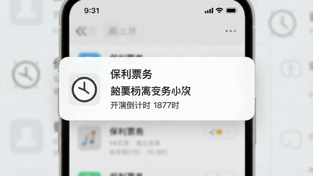 一幅AI生图,主体为手机应用的消息通知界面,屏幕上弹出“保利票务”演出提醒卡片,显示剧目名称和开演倒计时,布局为居中展示,排版以通知卡片为视觉中心,风格为清爽极简,细节包括卡片上的小时钟图标、手机状态栏的时间显示、背景中淡灰色的应用界面轮廓,画质清晰,干净,无多余元素