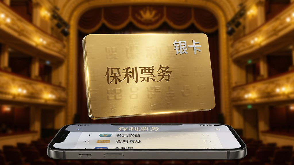 一幅AI生图,主体为一张金色的会员卡悬浮在手机屏幕上方,卡片上印有“保利票务”和银卡字样,背景是剧院大厅的虚化影像,布局为上下结构,排版卡片居中、手机在下,风格为轻奢质感,细节包括卡片边缘的金属反光、手机屏幕上的会员权益列表、背景中暖黄色的剧院灯光,画质精致,干净,无多余元素