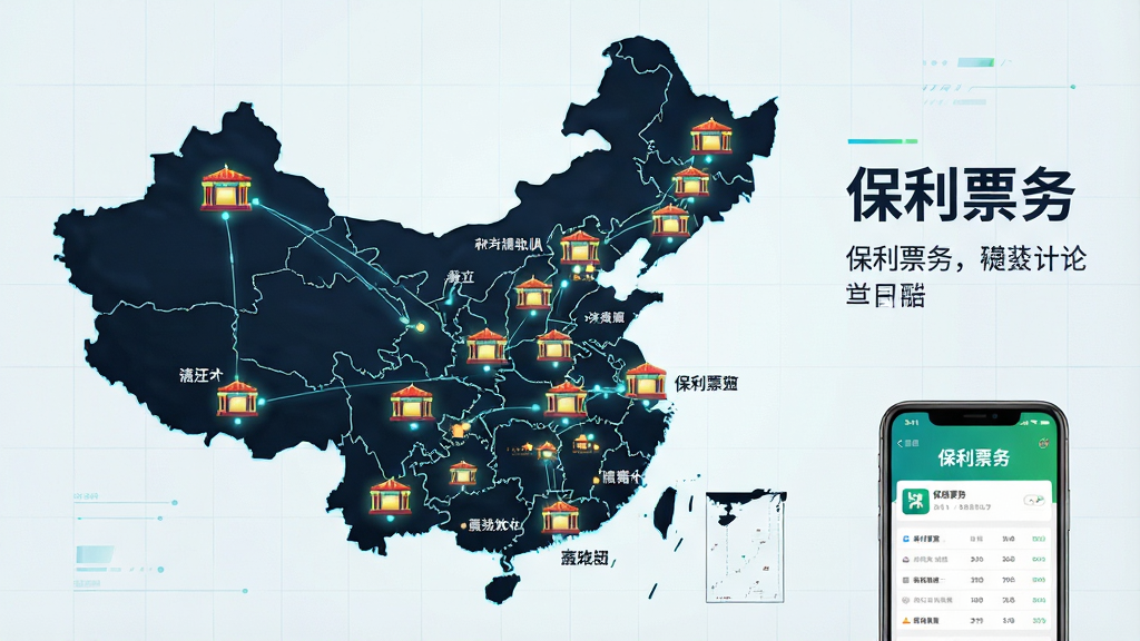 一幅AI生图,主体为一张中国地图轮廓,地图上散布着多个发光的剧院图标,每个图标旁标注着不同城市名称,布局为横向展开,排版左图右文,风格为科技感数据可视化,细节包括地图背景的浅色网格线、图标之间的连接光线、右下角一个手机屏幕正显示“保利票务”应用界面,画质高清,干净,无多余元素