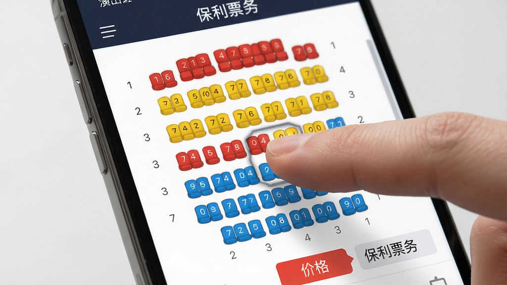 一幅AI生图,主体为手机屏幕特写,屏幕上展示着剧院座位选择界面,不同区域用红、黄、蓝三色区分,手指正点击其中一个可选座位,布局为居中放大,排版突出手机与手指动作,风格为写实UI风格,细节包括座位图上的排号列号、底部价格标签、顶部演出名称“保利票务”字样,画质细腻,干净,无多余元素