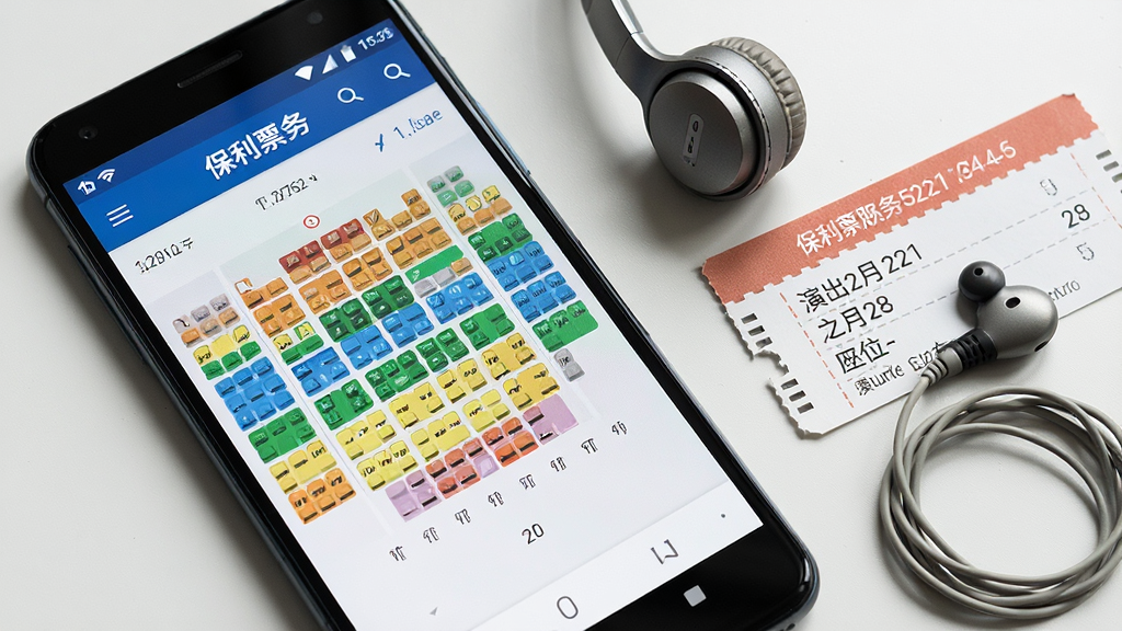 一幅AI生图,主体为一部安卓手机屏幕特写,屏幕上显示保利票务的选座页面,旁边放着一副耳机和一张演出票根,布局为斜角俯拍,排版手机占据画面三分之二,风格为生活化静物摄影,细节包括手机屏幕上的座位颜色分区、票根上的演出日期和座位号、耳机线自然弯曲,画质清晰,干净,无多余元素