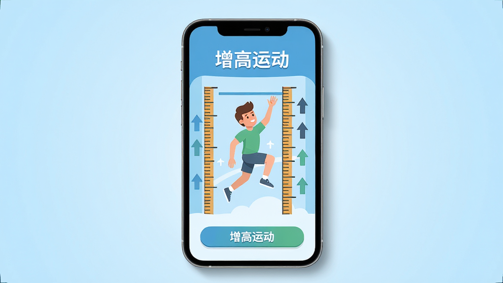 主体是一个竖屏智能手机,屏幕上显示着“增高运动”APP的界面,界面中央有一位正在做摸高跳跃动作的卡通人物,周围环绕着身高刻度尺和向上的箭头图标。布局采用居中构图,手机位于画面正中央,背景是简洁的浅蓝色渐变。排版清晰,风格为扁平化健康运动风,细节上手机边缘有轻微阴影,界面内按钮和文字清晰可见。画质为高清4K,干净,无多余元素。