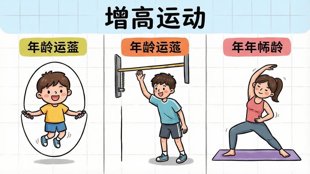画面主体是一张划分了三个年龄段的卡通图表,左侧是儿童在跳绳,中间是青少年在摸高,右侧是成年人在做瑜伽拉伸。布局为横向三栏排列,每栏上方有醒目的年龄标签。排版整齐,风格为清新手绘插画风,细节上人物表情生动,背景有淡淡的网格线。画质高清,干净,无多余元素,画面顶部有“增高运动”文字标识。