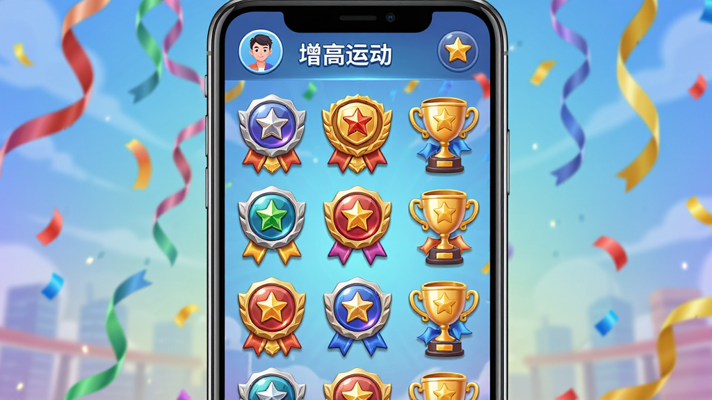 画面主体是一个手机屏幕,屏幕上展示着各种色彩缤纷的成就徽章和奖杯,背景有彩带飘落。布局为居中展示,徽章呈网格状排列。排版活泼,风格为游戏化UI风格,细节上徽章有金属光泽,屏幕上方有“增高运动”字样和用户头像。画质高清,干净,无多余元素。