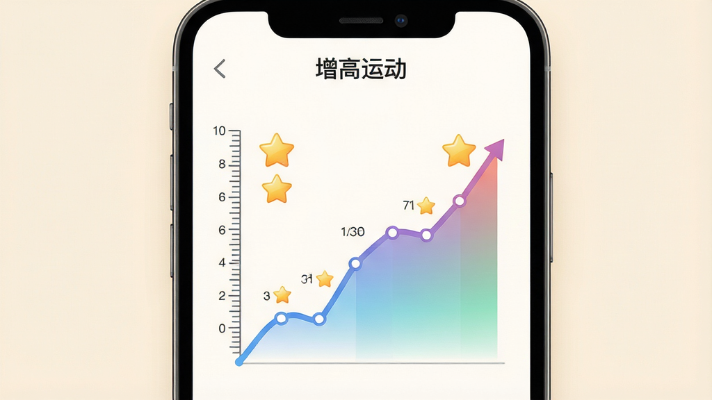 画面主体是一个手机屏幕特写,屏幕上显示着一条向上攀升的折线图,折线图旁边有身高刻度尺和星星奖励图标。布局为居中特写,背景是柔和的米白色。排版简洁,风格为现代数据可视化风,细节上折线图有渐变填充,屏幕顶部有“增高运动”标题栏。画质高清,干净,无多余元素。