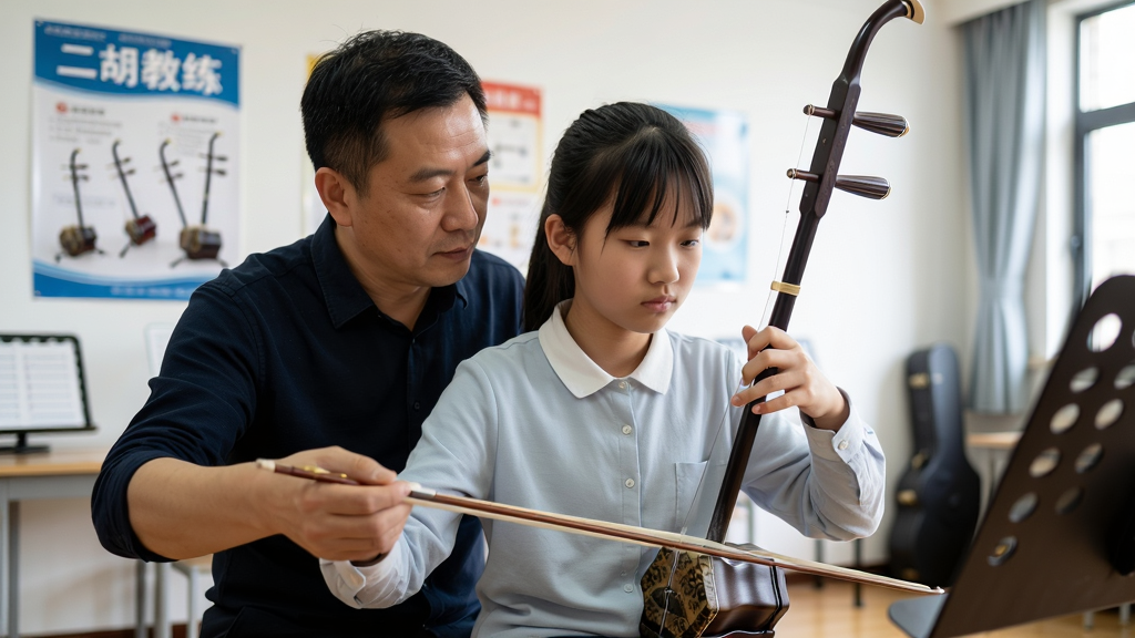 一段AI生图描述,画面主体为一位二胡老师正在手把手指导学生持弓姿势,背景是明亮的音乐教室,墙上挂着