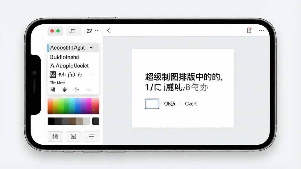 一张展示超级制图文字排版功能的图片,主体为手机屏幕显示文字编辑面板,包含字体选择列表、颜色调色盘、对齐方式按钮,布局为侧边栏加中央画布,排版清晰,风格为现代简约风,细节包括文字预览、描边效果、阴影参数,画质高清,干净,无多余元素