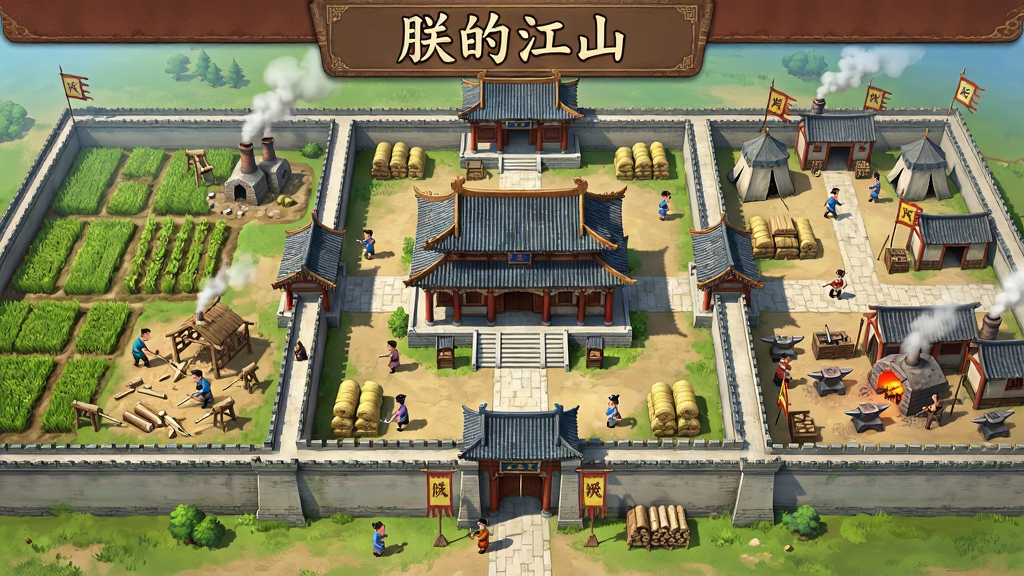 古代中国城池内政界面,画面主体为一座繁荣的古代城池俯瞰图,左侧是农田与伐木场,右侧是兵营与铁匠铺,中央是宏伟的主城府邸,布局对称清晰,排版为游戏UI风格,风格为清新国风写实,细节包括忙碌的百姓小人、冒烟的烟囱与堆放的粮草,画面顶部有“朕的江山”字样,画质高清,干净,无多余元素