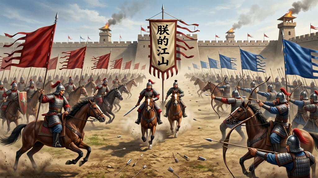 大规模国战场景,画面主体为两支古代军队在平原上对峙,左侧军队举红色旗帜,右侧军队举蓝色旗帜,中央有骑兵冲锋与弓箭手放箭,背景是城墙与烽火台,布局为宽幅战场视角,排版充满动感,风格为写实战争插画,细节包括士兵铠甲、战马奔腾与扬起的尘土,画面中央有“朕的江山”战旗,画质高清,干净,无多余元素
