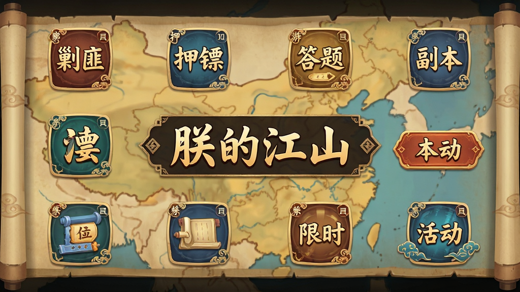 游戏活动界面集合图,画面主体为多个活动图标整齐排列,包括剿匪、押镖、答题、副本与限时活动按钮,背景是古代中国地图与卷轴,布局为网格状,排版清晰,风格为扁平化国风UI,细节包括图标上的小字与装饰花纹,画面中央有“朕的江山”活动标题,画质高清,干净,无多余元素