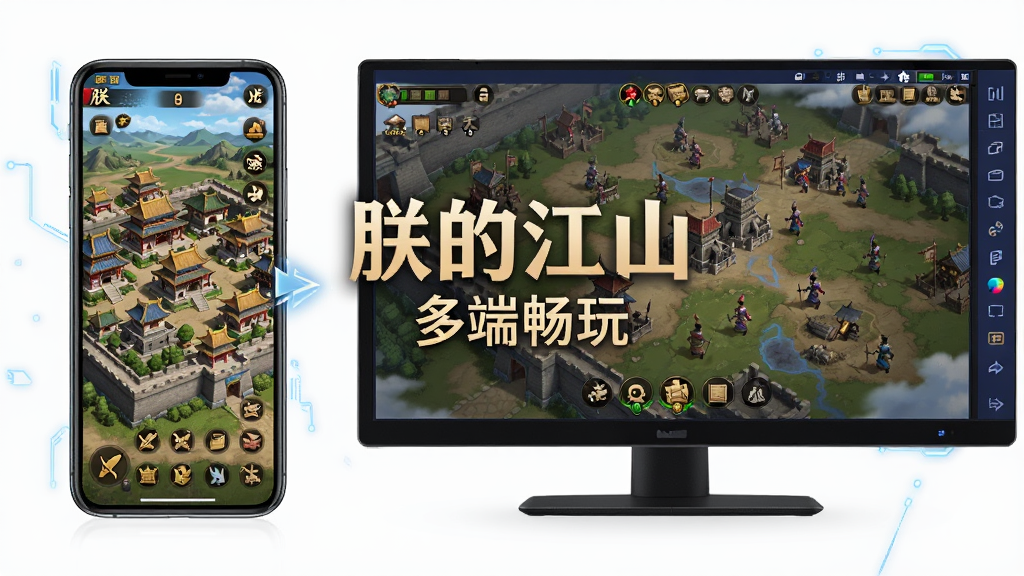 手机与电脑并排展示朕的江山游戏画面,左侧是手机竖屏显示主城界面,右侧是电脑模拟器横屏显示国战场景,布局为左右对比,排版简洁,风格为科技感展示图,细节包括设备边框与游戏内UI图标,画面中央有“朕的江山”多端畅玩字样,画质高清,干净,无多余元素