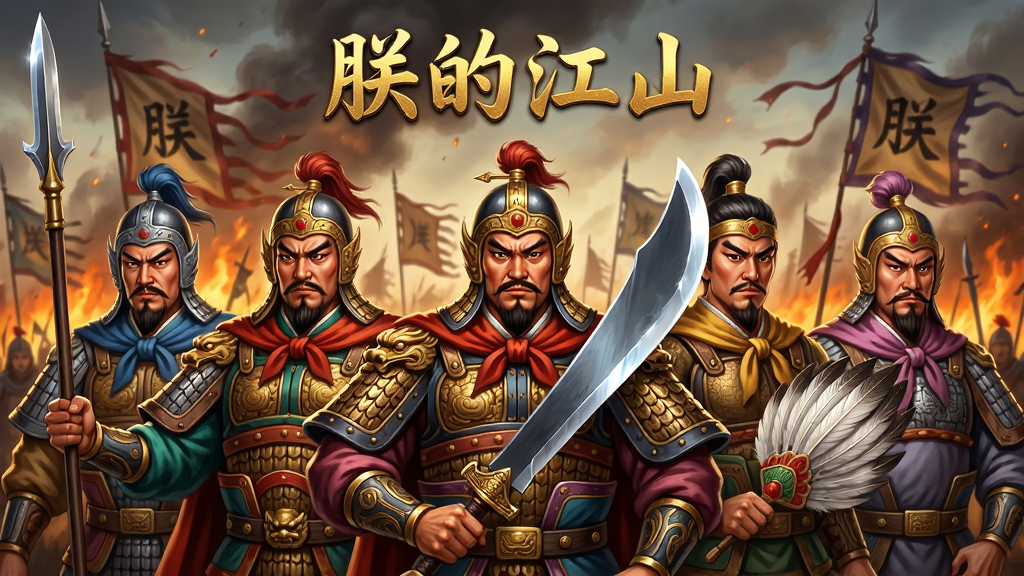 古代中国风格武将立绘墙,画面主体为五位三国名将半身像并排站立,分别身着不同颜色铠甲,手持长枪、大刀、羽扇等武器,背景是燃烧的战场与飘扬的军旗,布局为横向排列,排版整齐,风格为写实国风插画,细节包括铠甲纹路、面部表情与武器光泽,画面中央上方有“朕的江山”金色标题,画质高清,干净,无多余元素