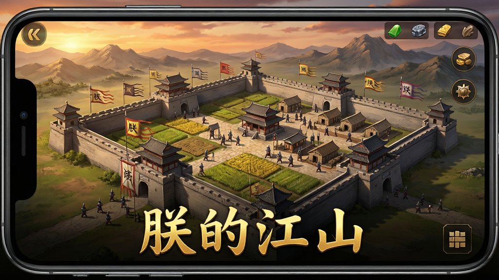 手机横屏游戏界面,画面中央是古代中国城池俯瞰图,城墙、箭塔、农田与兵营错落有致,远处山脉连绵,天空呈黄昏暖色调,画面下方有“朕的江山”四个金色汉字,主体为策略游戏主城场景,布局开阔大气,排版居中,风格为写实国风工笔,细节包括旗帜、士兵小人与资源图标,画质高清,干净,无多余元素