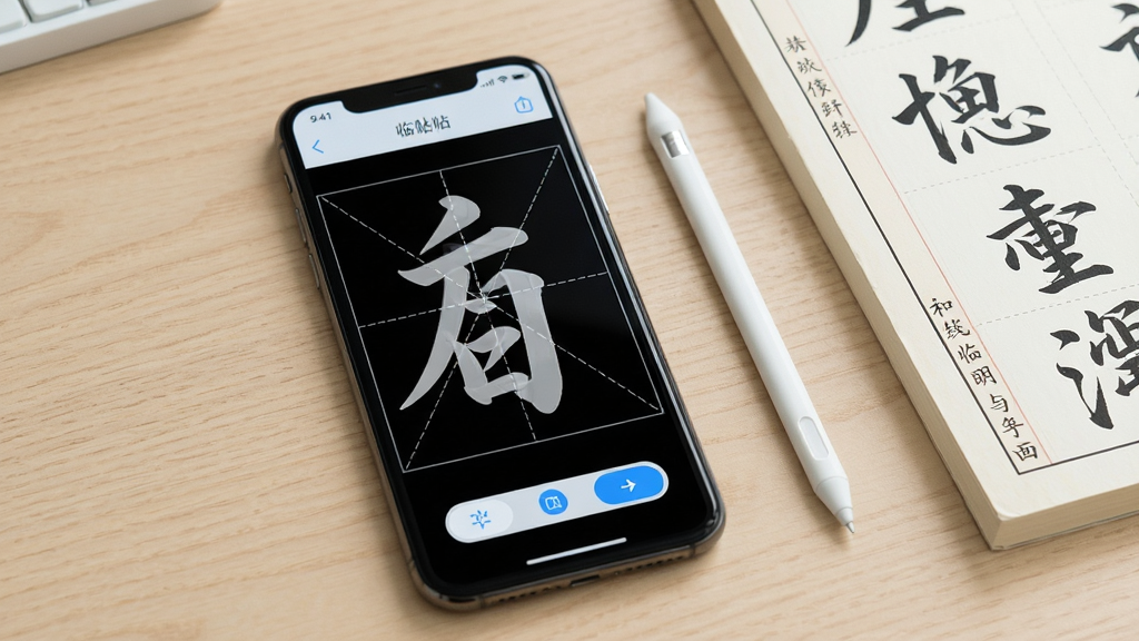 硬笔临帖软件主界面展示,画面中央放置一部智能手机,手机屏幕显示硬笔临帖App的练字界面,屏幕上有米字格和半透明硬笔范字,旁边摆放一支触控笔和一本传统字帖,背景为浅色木质书桌,布局左侧手机、右侧字帖与笔,整体风格清新简约,细节包括米字格线条、范字轮廓、界面按钮,画质清晰干净,无多余元素
