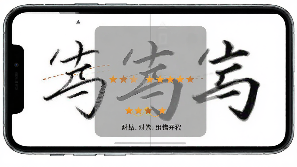 硬笔临帖书写对比功能展示,画面主体为手机屏幕,屏幕中左边是用户手写字迹,右边是范字,中间以半透明叠加方式显示对比结果,布局为左右分栏加中间叠加层,风格简洁教学风,细节包括对比线条、评分星级、纠错标记,画质高清干净,无多余元素