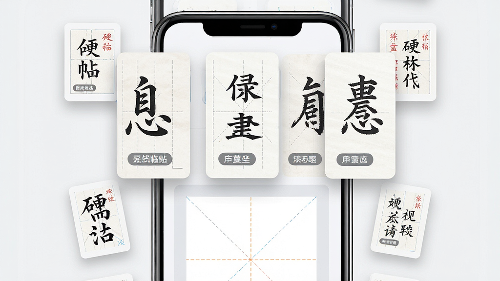 硬笔临帖App内部范本选择界面,画面主体为手机屏幕特写,屏幕中展示多个硬笔字帖封面卡片,卡片上写有楷书、行楷、隶书等字样,屏幕下方有米字格预览图,布局为居中手机加周围漂浮的小型字帖缩略图,风格现代扁平化,细节包括卡片阴影、字体标签、格线纹理,画质高清干净,无多余元素