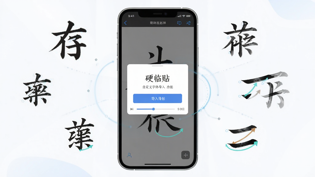 硬笔临帖软件自定义字体导入功能界面,画面中央一部手机,手机屏幕显示字体导入弹窗和笔画回放动画,屏幕旁边漂浮着几个硬笔汉字和笔画分解示意图,布局为手机居中、笔画元素环绕,风格科技感与书卷气结合,细节包括导入按钮、笔画轨迹线、回放进度条,画质清晰干净,无多余元素