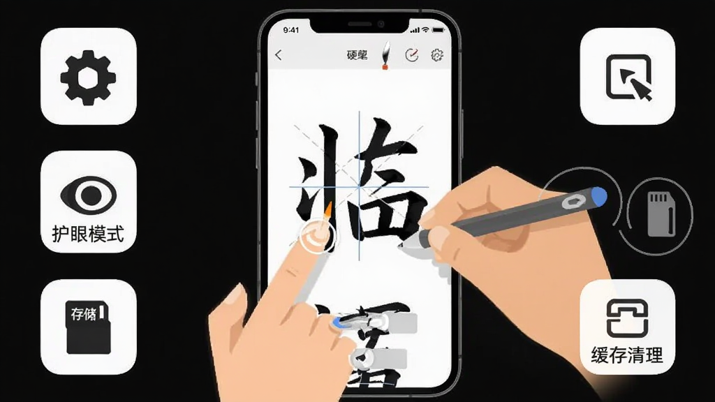 硬笔临帖移动端使用技巧示意图,画面中央一部手机展示硬笔临帖练字界面,屏幕旁有手指触控和触控笔书写的动作示意,周围环绕设置图标、护眼模式图标、存储卡图标,布局为手机居中、功能图标环绕,风格扁平化教学图,细节包括笔刷粗细调节、格线切换按钮、缓存清理入口,画质清晰干净,无多余元素