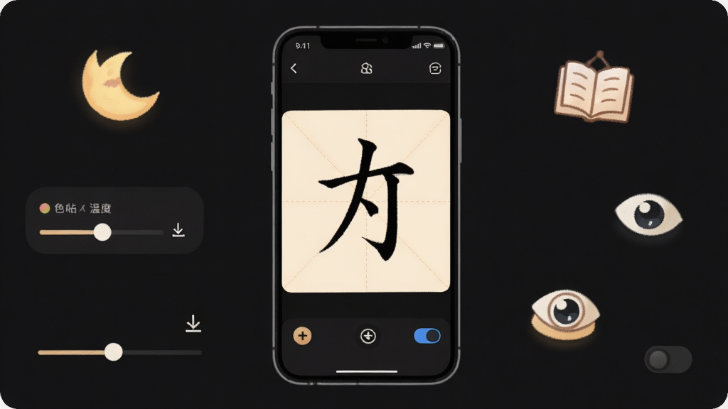 硬笔临帖离线练习与护眼模式界面,画面中央手机显示深色背景的练字界面,屏幕上有柔和的米字格和硬笔范字,手机周围有月亮、书本、眼睛等小图标,布局为手机居中、图标点缀四周,风格温馨护眼,细节包括色温调节滑块、下载箭头、夜间模式开关,画质清晰干净,无多余元素