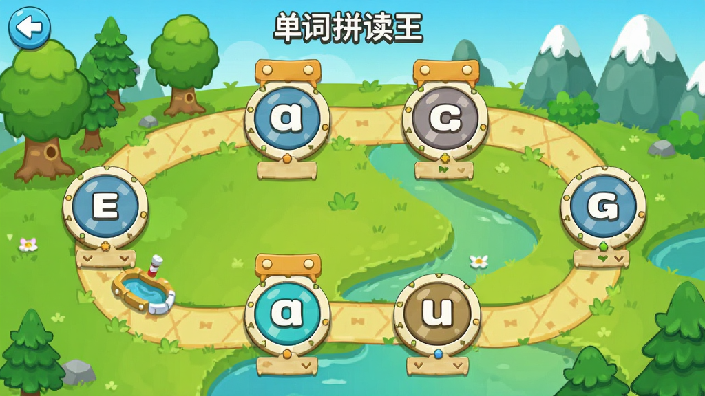 单词拼读王软件内的闯关地图界面,画面展示多个圆形关卡节点沿路径排列,每个节点上有字母组合标签,背景是卡通风格的地图场景,有树木和小山,风格活泼明快,细节清晰,画质干净,无多余元素