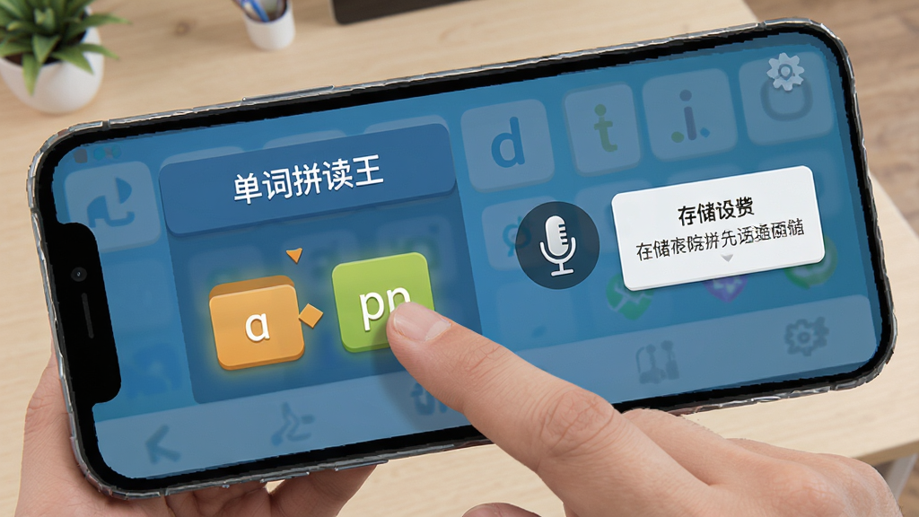 单词拼读王软件在手机上的操作界面,画面展示手指点击屏幕上的发音按钮,屏幕旁边有麦克风图标和存储权限弹窗,背景是简洁的桌面环境,风格写实清晰,细节丰富,画质干净,无多余元素