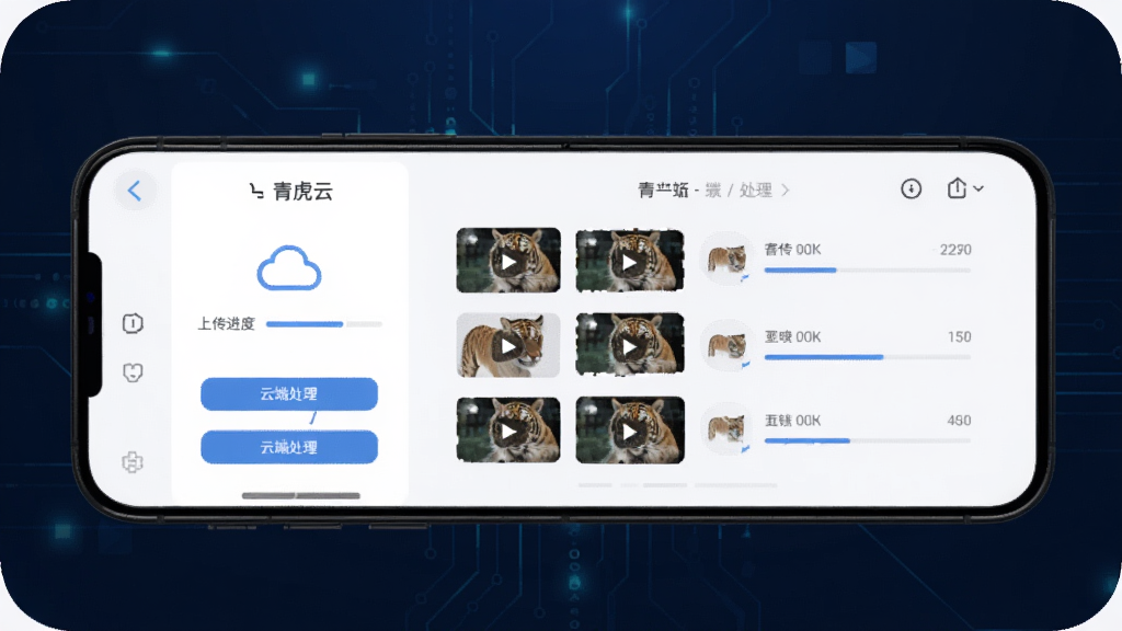 青虎云App的视频云端处理功能界面,手机屏幕显示视频上传进度和云端处理队列,画面中有多个视频缩略图和进度条,背景为深蓝色科技感色调,风格现代简洁,画质清晰