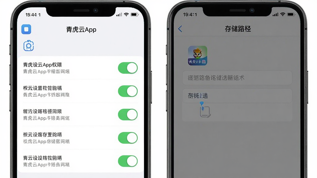 青虎云App的权限设置和存储管理界面截图,手机屏幕显示权限开关列表和存储路径选择选项,画面中有清晰的设置图标和说明文字,背景为浅色简洁风格,画质干净清晰