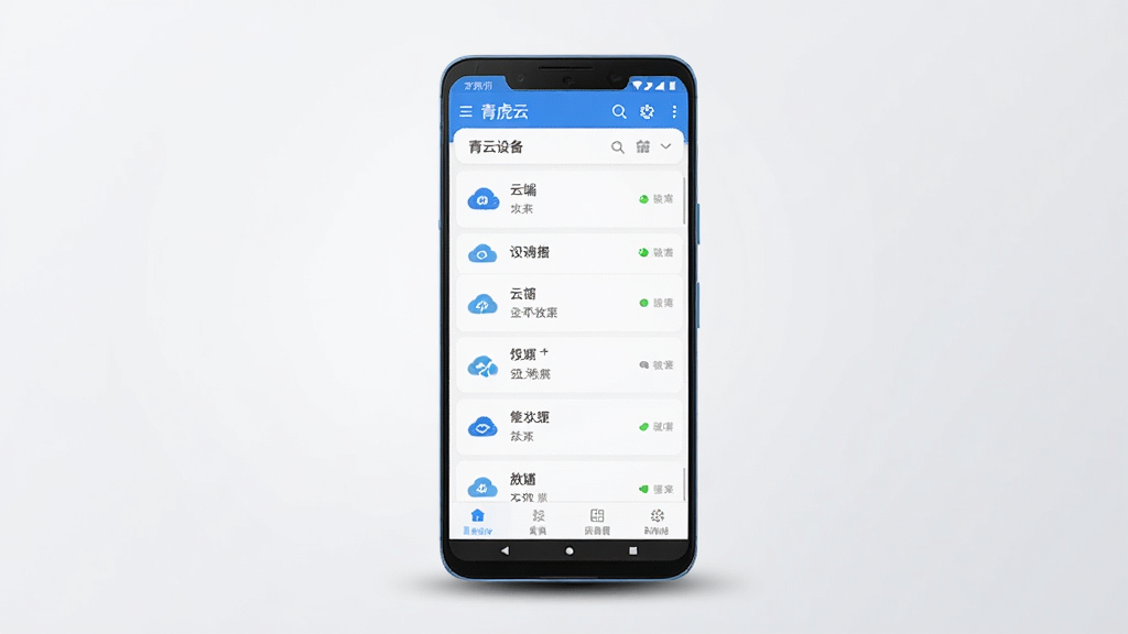 一张展示青虎云软件界面的手机样机图,画面中央是一部竖屏安卓手机,手机屏幕上显示青虎云App的主界面,界面包含云端设备列表、连接状态图标和功能菜单栏,背景为干净的浅灰色渐变,手机周围有柔和的阴影,整体风格简洁现代,画质清晰,无多余元素
