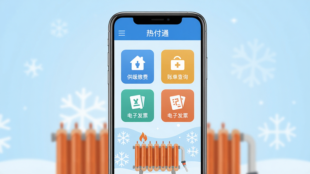 一张手机应用界面展示图,画面中央是一部竖屏智能手机,屏幕上显示热付通应用首页,顶部有蓝色导航栏写着热付通,中间是供暖缴费、账单查询、电子发票三个大按钮图标,底部有温馨的暖气片和雪花装饰元素,背景是浅蓝色渐变,整体风格简洁干净,扁平化设计,画质清晰,无多余文字和杂物