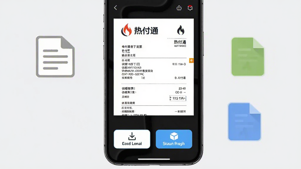 热付通电子发票下载功能展示图,手机屏幕显示一张PDF格式的电子发票预览,发票上有热付通字样和供暖缴费信息,屏幕下方有下载和发送到邮箱两个按钮,旁边有发票图标和文件图标装饰,背景为浅灰色,风格简约,画质清晰