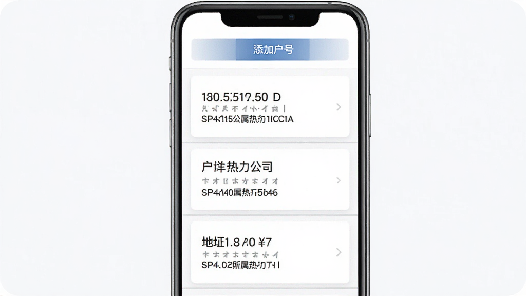 热付通应用多户号管理界面展示,手机屏幕画面中列出三个户号卡片,每个卡片有地址信息和所属热力公司名称,卡片之间用浅灰色分割线隔开,背景为白色,顶部有添加户号按钮,整体风格清爽商务,画质干净,无杂乱元素