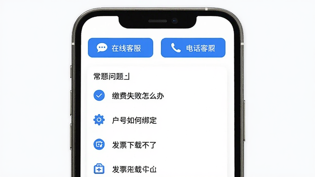 热付通客服与帮助中心界面展示,手机屏幕上方有在线客服和电话客服两个入口按钮,下方是常见问题列表,包括缴费失败怎么办、户号如何绑定、发票下载不了等条目,背景为白色,图标为蓝色系,风格清新浅色,画质干净整洁