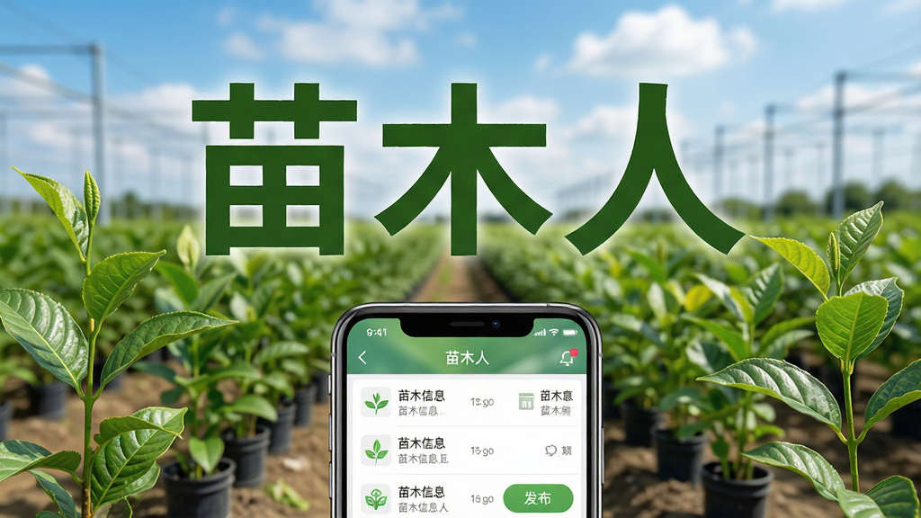 软件名称“苗木人”四个大字居中排列,背景是一片整齐的苗圃基地,绿色苗木成行成列,远处有蓝天白云,画面下方展示一部手机屏幕,屏幕上呈现苗木信息列表与发布按钮,整体布局上中下结构,排版清晰,风格写实清新,细节包含树叶纹理、手机边框反光、界面图标,画质高清,干净,无多余元素