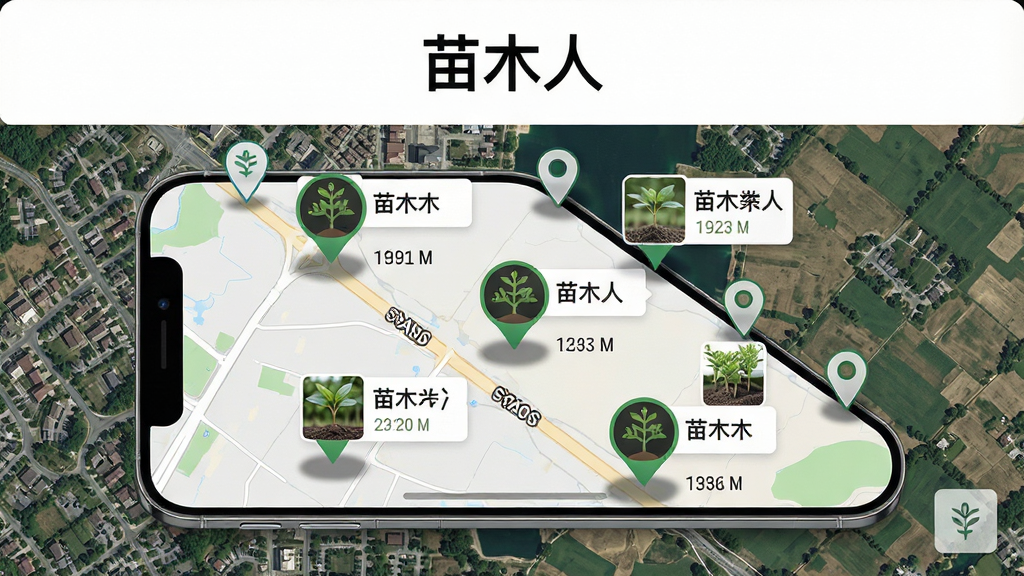 软件名称“苗木人”在画面顶部居中,主体是一张手机地图界面,地图上标注了多个苗木图标定位点,每个定位点旁有苗木缩略图与距离标签,背景是城市与郊区交界的卫星地图,画面采用俯视角度,风格科技实用,细节包含地图道路线条、定位图标阴影、苗木图片小图,画质高清,干净,无多余元素