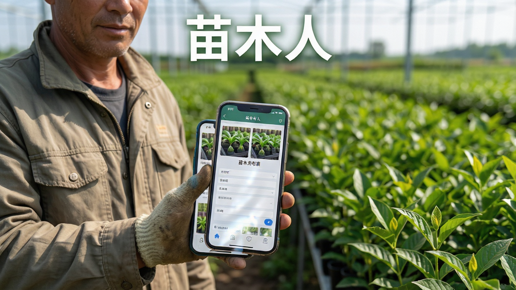 软件名称“苗木人”在画面顶部居中显示,主体是一位苗木种植户站在苗圃中手持手机,手机屏幕显示苗木发布表单,表单上方有苗木图片缩略图,背景是成片的绿色苗木,画面采用三分法构图,左侧人物、右侧苗圃、上方软件名称,风格真实自然,细节包含人物衣着褶皱、手机屏幕反光、苗木叶片层次,画质高清,干净,无多余元素