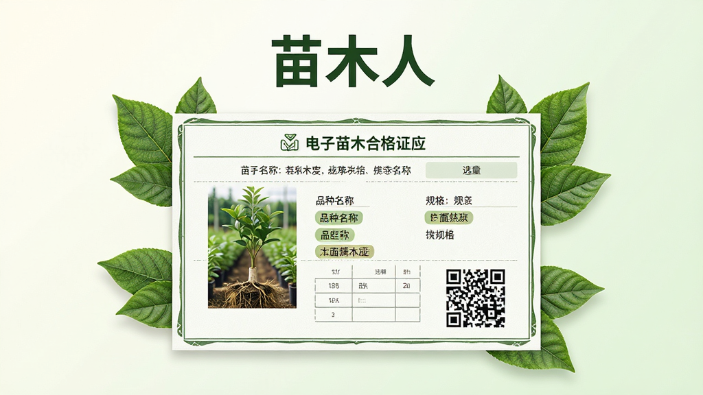 软件名称“苗木人”在画面中央偏上位置,主体是一张电子苗木合格证样式的界面截图,合格证上有苗木图片、品种名称、规格标签和二维码,周围环绕着绿色树叶装饰,背景为浅色渐变,画面采用居中排版,风格简洁商务,细节包含合格证表格线条、二维码纹理、叶片脉络,画质高清,干净,无多余元素