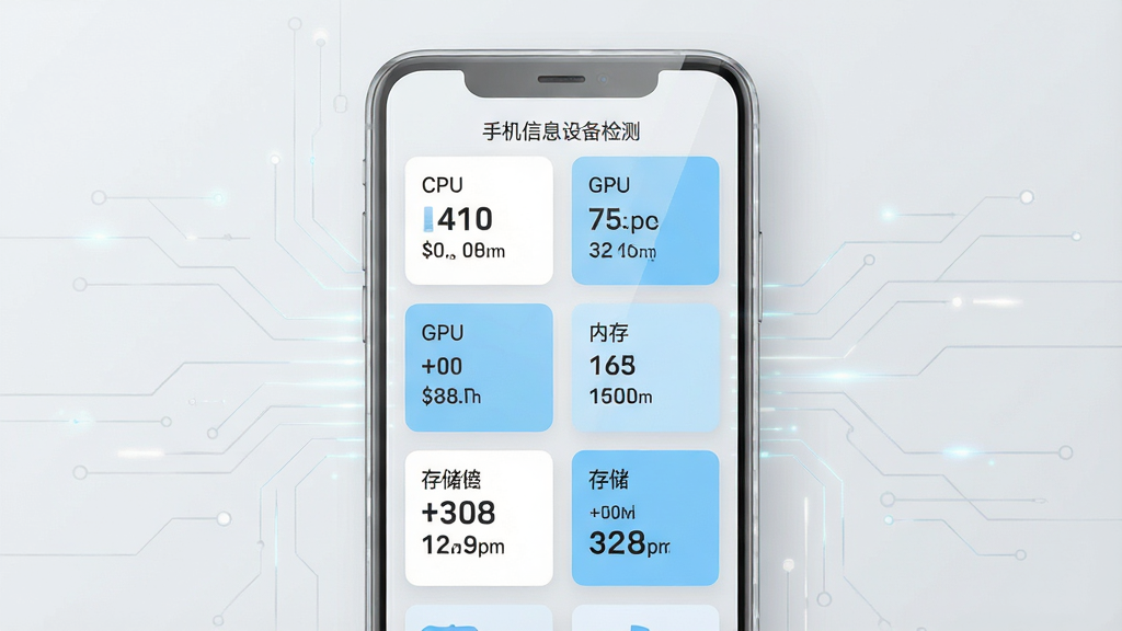 手机信息设备检测软件界面截图风格,画面中央是一块透明的手机屏幕,屏幕上显示着CPU、GPU、内存、存储等硬件参数卡片,卡片以白色和浅蓝色为主,背景为干净的浅灰色,周围有轻微的科技线条装饰,整体布局整齐,风格简约现代,画质高清,文字清晰,包含“手机信息设备检测”字样