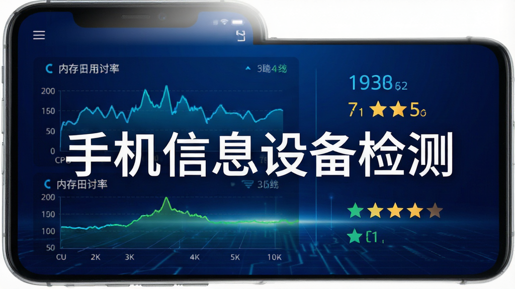 手机信息设备检测软件的性能监控界面,屏幕显示CPU和内存占用率的动态曲线图,旁边有跑分数字和评级星星,背景为深蓝色渐变,带有科技感网格线条,画面干净无多余元素,画质高清,文字为“手机信息设备检测”