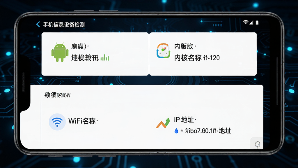 手机信息设备检测软件界面展示系统信息与网络信息页面,画面中手机屏幕分为上下两部分,上半部分显示安卓版本和内核版本,下半部分显示WiFi名称和IP地址,背景为深色科技风格,有蓝色光点装饰,整体布局清晰,画质高清,文字包含“手机信息设备检测”