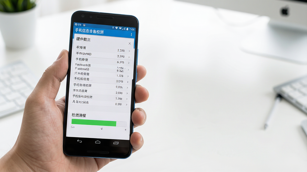 手机信息设备检测软件在安卓手机上运行,屏幕显示硬件参数列表和检测进度条,旁边有一只手拿着手机,背景为简洁的桌面环境,画面干净明亮,风格写实,画质高清,文字为“手机信息设备检测”