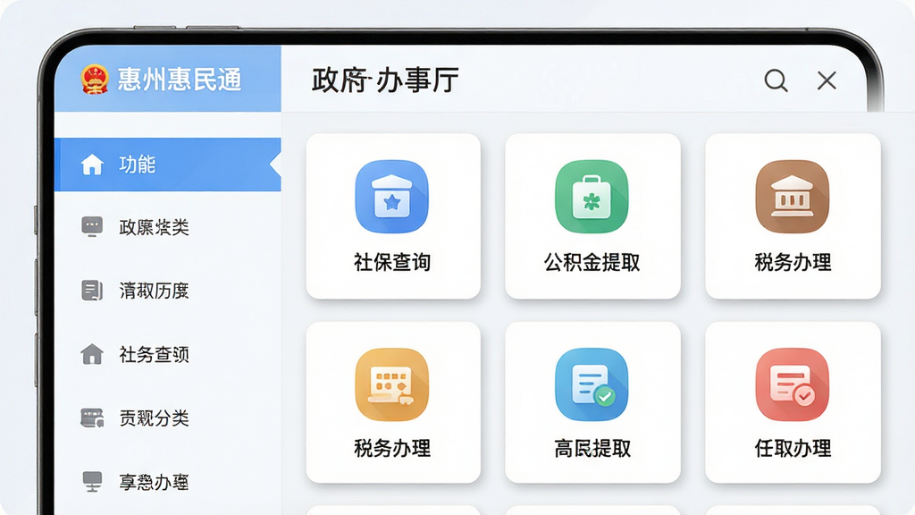 画面主体为“惠州惠民通”应用界面中政务办事大厅页面,左侧为功能分类导航栏,右侧为事项卡片列表,包含社保查询、公积金提取、税务办理等图标;布局采用左右分栏结构,排版整齐;风格为清新浅色政务风;细节上卡片带有轻微投影,图标为圆角设计;画质高清,干净无多余元素