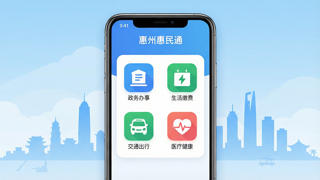 画面中央展示一部智能手机,屏幕中呈现“惠州惠民通”应用主界面,界面布局清晰,包含政务办事、生活缴费、交通出行、医疗健康等功能图标;背景为惠州市城市剪影与淡蓝色渐变天空;整体风格简洁现代,扁平化UI设计;细节上手机边缘有柔和光影,图标色彩鲜明;画质高清,干净无多余元素