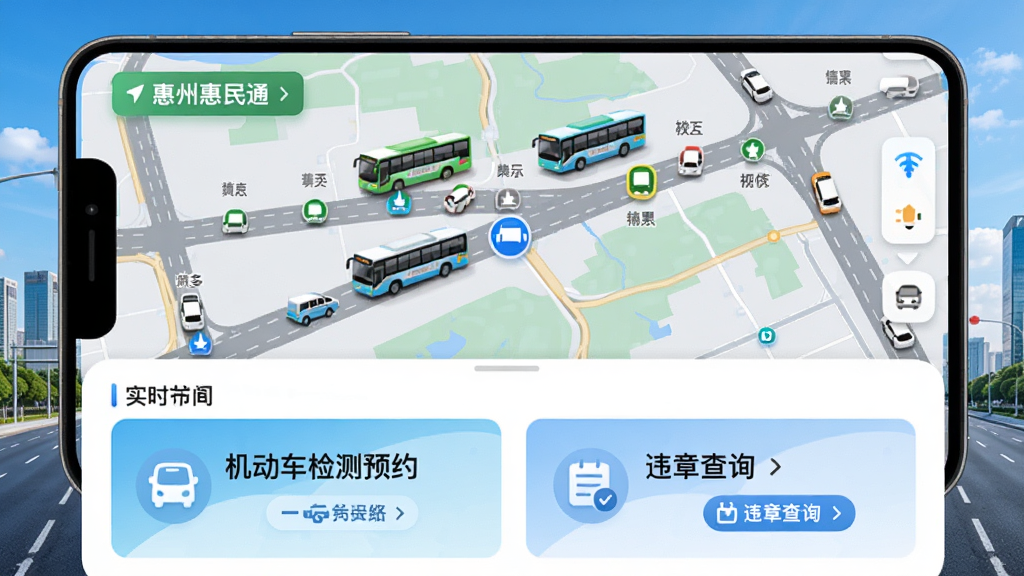 画面展示“惠州惠民通”应用内交通出行模块界面,屏幕上半部分为实时公交地图,显示公交车辆位置与站点;下半部分为机动车检测预约卡片与违章查询入口;背景为城市道路与蓝天;风格为现代科技感;细节上地图道路清晰,车辆图标醒目;画质高清,干净无多余元素