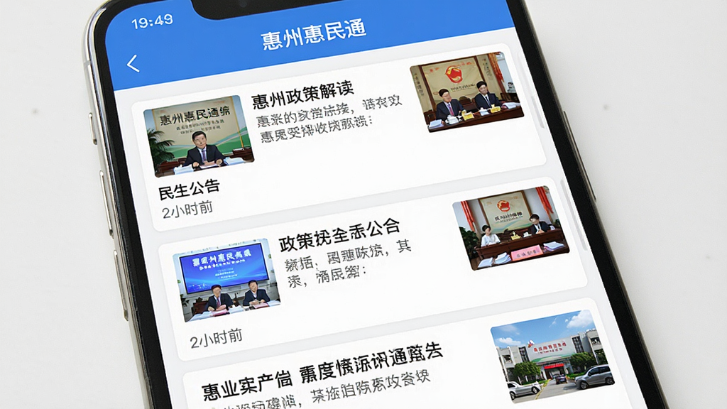 画面主体为“惠州惠民通”应用内资讯动态页面,屏幕中显示多条新闻卡片,包含政策解读、民生公告等标题与缩略图;布局为上下滑动列表式;风格为简约新闻阅读风;细节上卡片有清晰的分割线与时间戳;画质高清,干净无多余元素