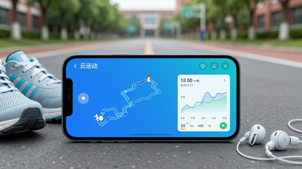 一部手机横屏展示“云运动”APP跑步轨迹界面,屏幕上呈现蓝色跑步路线图与配速曲线,手机旁摆放运动鞋与耳机,背景为校园道路,画面居中构图,风格写实清新,细节清晰,画质高清,干净无多余元素