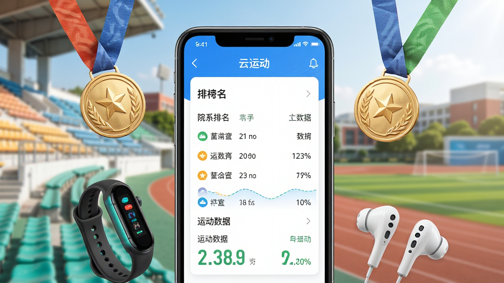 手机屏幕展示“云运动”APP排行榜界面,屏幕上显示院系排名列表与运动数据,手机周围环绕奖牌、运动手环、耳机等元素,背景为校园操场看台,布局居中,风格活力明亮,细节清晰,画质高清,干净无多余元素